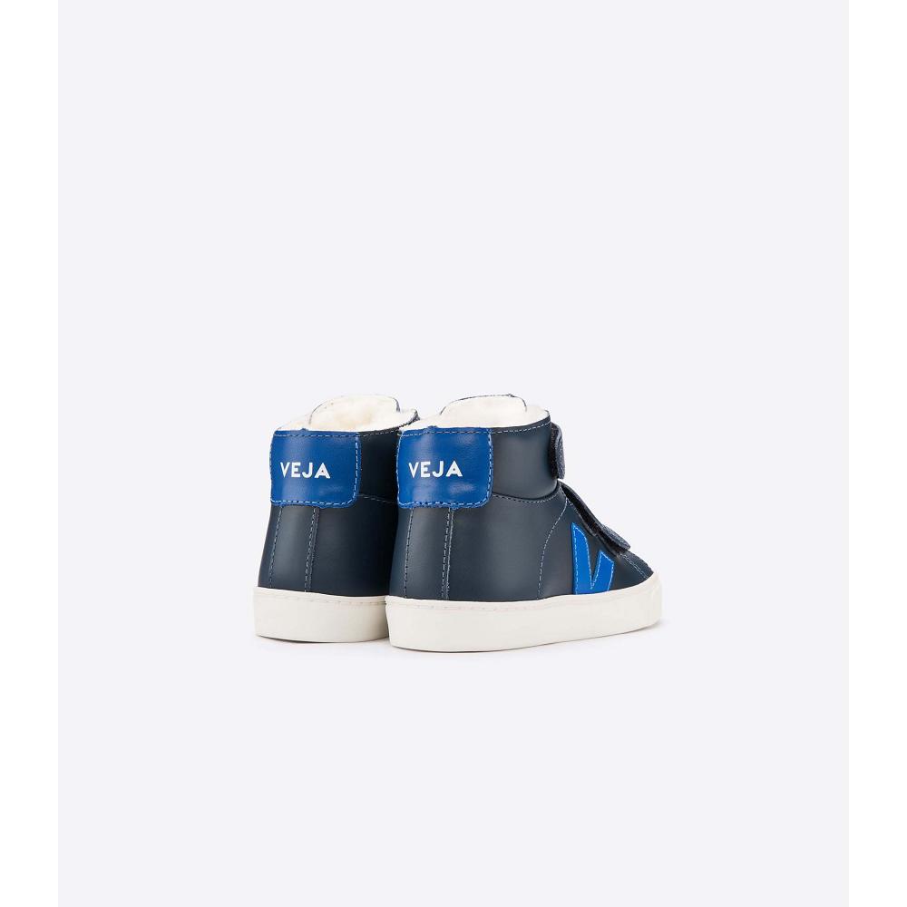 Veja ESPLAR MID FURED LEATHER Kids' High Tops Blue/Navy | CA 691BEX